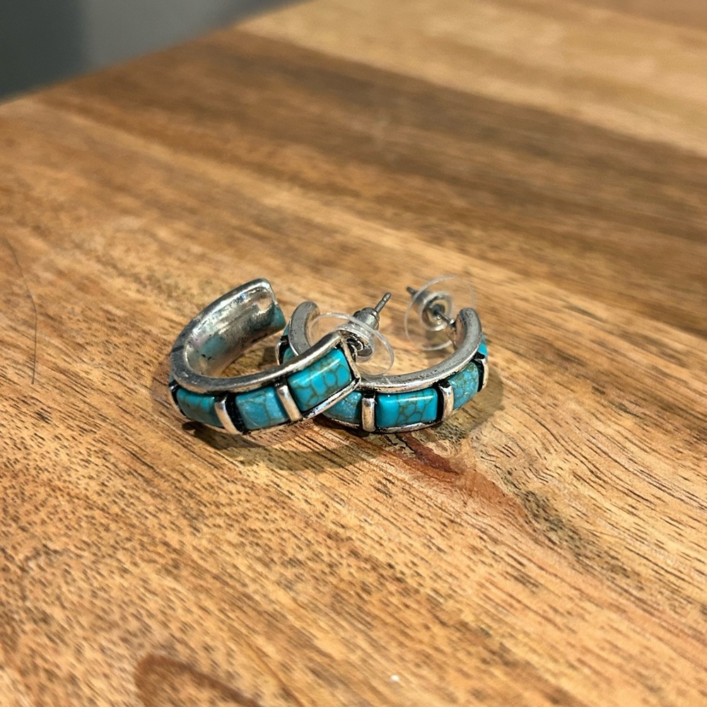 Turquoise and Silver Hoop Earrings